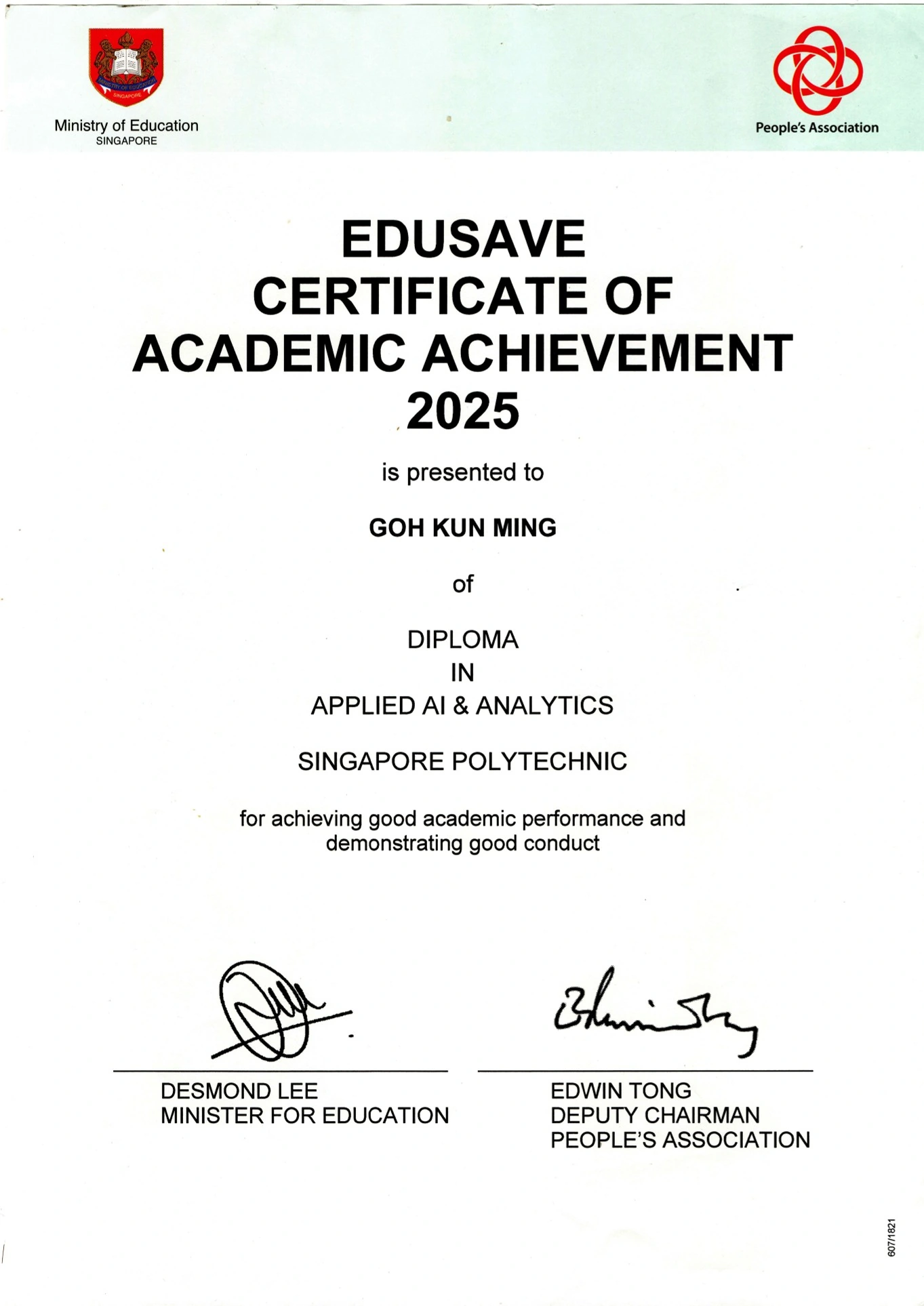Goh Kun Ming’s Edusave Certificate of Academic Achievement 2025.