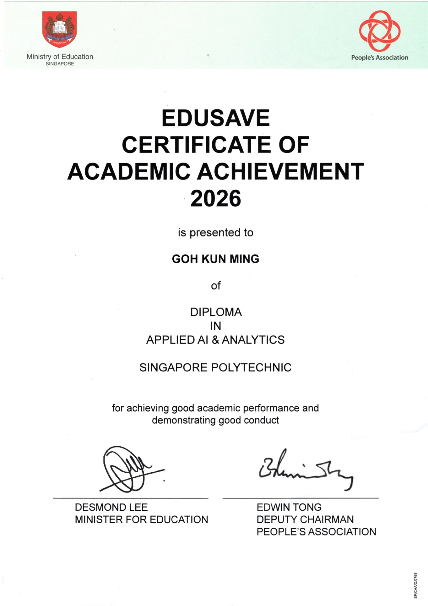 Goh Kun Ming’s Edusave Certificate of Academic Achievement 2026.