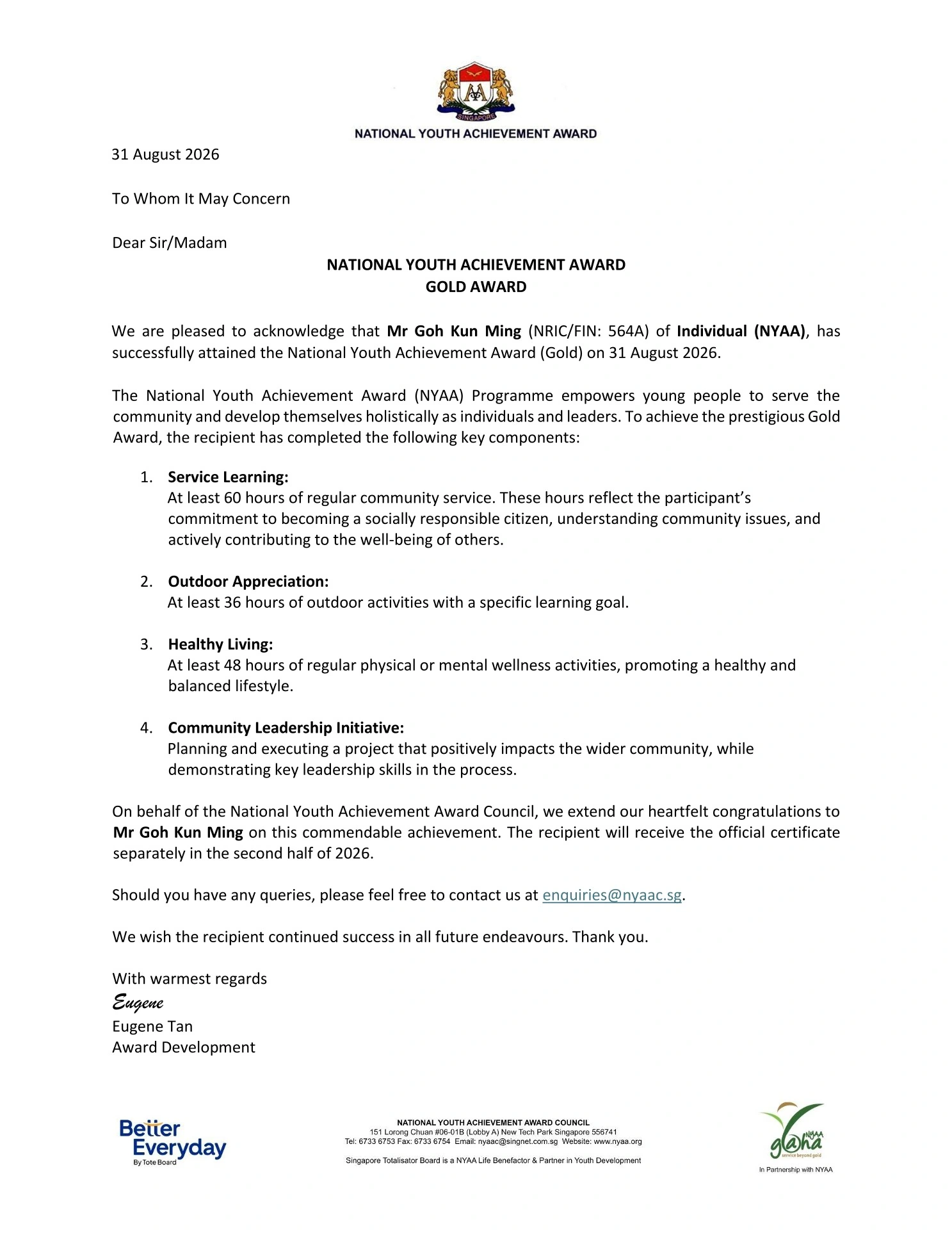 NYAA Gold Award certifying letter dated 31 August 2026.